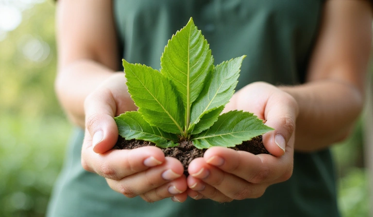 Foglia verde e mani che la proteggono, simbolo di sostenibilità