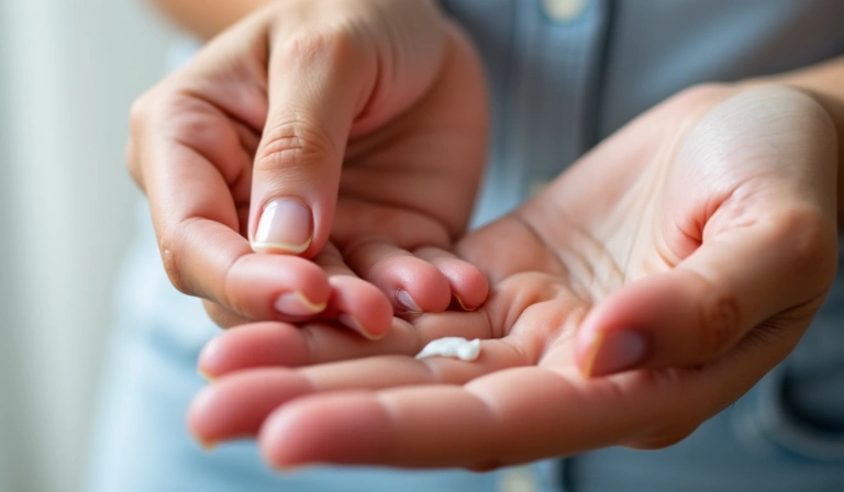 Mano che applica crema su pelle sensibile