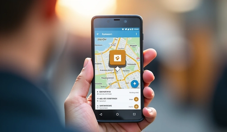 Mano che tiene smartphone con app di tracking spedizioni