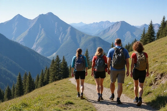 Gruppo di amici che fanno escursioni su un sentiero di montagna