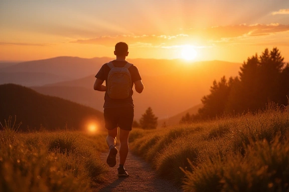 Persona che fa jogging all'alba in un paesaggio naturale